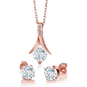 Gem Stone King 18K Rose Gold Plated Silver Sky Blue Aquamarine and White Diamond Pendant Necklace Earrings Jewelry Set For Women (2.30 Cttw, Gemstone Birthstone, with 18 inch Chain)