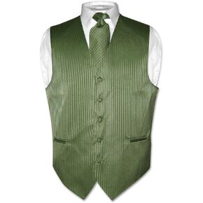 Vesuvio Napoli Men's Dress Vest & NeckTie BLACK Color Vertical Striped Design Neck Tie Set