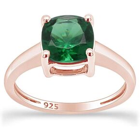AFFY 7MM Cushion-Cut Simulated Green Emerald Solitaire Ring in 14k Gold Over Sterling Silver (2 Ct) Gift For Her