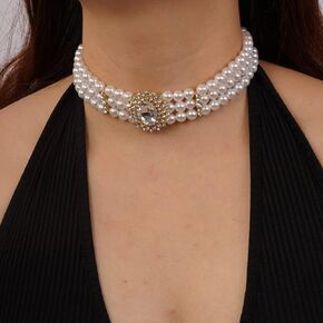 1920s Vintage 3-Layered Faux Pearl Strand Collar Necklace with Crystal Rhinestone Fashion Statement Necklace Chain for Women