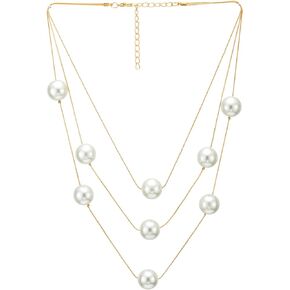 Trendy Pearl Necklace, Statement Collar Necklace, Gold Color Chain Three-strand with Beads, Party