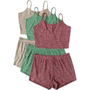 Ekouaer 3 Sets for Women Ribbed Pajamas Crop Cami Top and Shorts Pjs Casual Sleeveless Button Lounge Set Sleepwear S-XL