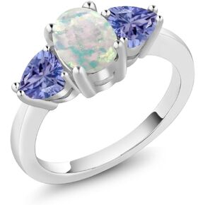 Gem Stone King 925 Sterling Silver Oval Cabochon White Simulated Opal and Blue Tanzanite 3-Stone Ring for Women (1.85 Cttw, Gemstone Birthstone, Available In Size 5, 6, 7, 8, 9)