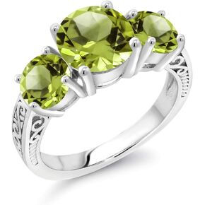 Gem Stone King 925 Sterling Silver Green Peridot 3-Stone Women Ring (4.07 Ct Round Gemstone Birthstone Available in size 5, 6, 7, 8, 9)
