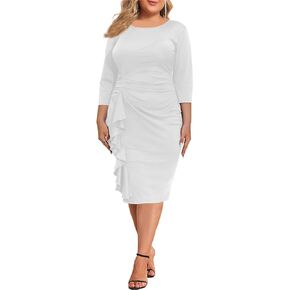 Plus Size Cocktail Dresses for Curvy Women 3/4 Sleeve Bodycon Ruffle Vintage Work Midi Pencil Dress