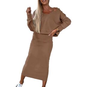 CUFEZN Womens 2 Piece Sweatsuit Long Sleeve V Neck Pullover Cropped Hooded Sweatshirt Maxi Bodycon Knit Dress Outfits Set