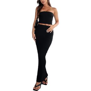 Two Piece Skirt Outfits for Women Sleeveless Tube Tops Bodycon Sexy Maxi Dress 2 Piece Summer Y2K Vacation Set