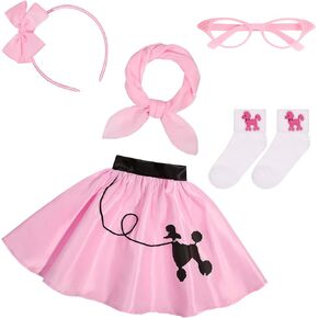 Rayekrot 50s Costumes for Girls 1950s Pink Poodle Skirt Set with Eye Glasses Scarf Headband Socks for Kids Halloween Costume