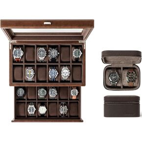 TAWBURY GIFT SET | Bayswater 24 Slot Watch Box with Drawer (Brown) and Fraser 2 Watch Travel Case (Brown)