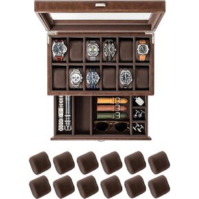TAWBURY Bayswater 12 Slot Watch Box with Drawer (Brown) with a Set of 12 Extra-Small Pillows to Fit 5.5-6.5" Wrists