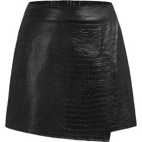WDIRARA Girl's PU Leather Crocodile Pattern High Waist Wrap Asymmetrical Hem Short Skirt