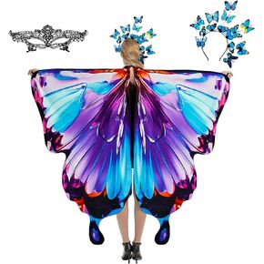 plainshe Butterfly Wings, Fairy Wings for Adults, Butterfly Costume Blue, Halloween Costumes for Women, 3PCS Butterfly Cape Set.