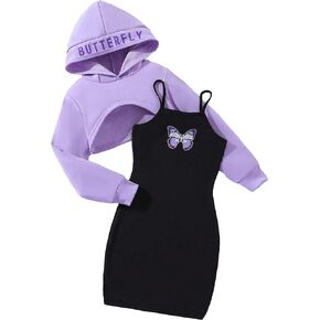 COZYEASE Girls' 2 Piece Outfits High Low Hem Long Sleeve Crop Hooded Sweatshirt and Graphic Print Cami Dress