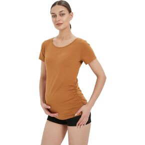Women’s Maternity T-Shirt Cotton Comfy Breathable Fit Tee for Pregnant Moms Short Sleeve Side Ruched