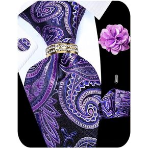 Kerfado 5PCS Paisley Tie and Pocket Square for Men, Silk Tie Handkerchief Cufflinks with Drilled Tie Ring and Lapel Pin Set