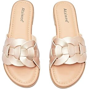 Ataiwee Women's Flat Slide Sandals - Ladies Casual Slip On Criss Cross Strap Summer Shoes.