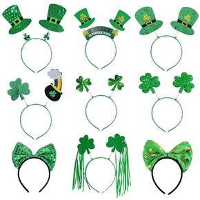 Fudragtn 9PCS St Patricks Day Headband,St.Patrick'S Day Green Shamrock Clover Headband for Women Girls Hair Accessories Headwear
