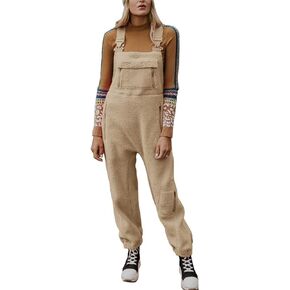 utcoco Womens Fuzzy Fleece Overall Jumpsuits Casual Loose Fit Winter Sherpa Bib Overalls with Pockets