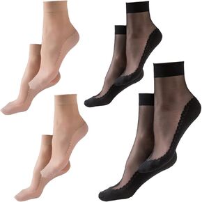 PIDUDU Women's 4 Pairs Silky Anti-Slip Cotton Sole Sheer Ankle High Tights Socks Reinforced Toe