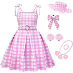 Ubeufun Pink and White Gingham Dress with Necklace Earrings Hat Halloween Costume Movie Cosplay Outfit Girls Party Dress in Kuwait