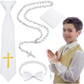 Ramede 4 Pcs First Communion Ties for Boys, First Holy Communion Accessories, Pearl Rosary, Bow Tie and Folded Handkerchief Embroidered with the Cross for Baptism Communion Confirmation Boys