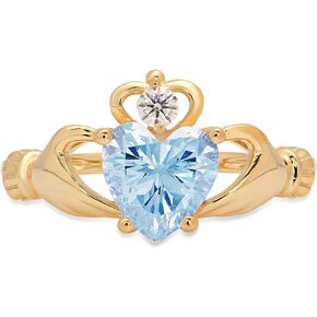 Clara Pucci 1.52ct Heart Cut Irish Celtic Claddagh Solitaire Natural Sky Blue Topaz gemstone designer Modern Ring 14k Yellow Gold