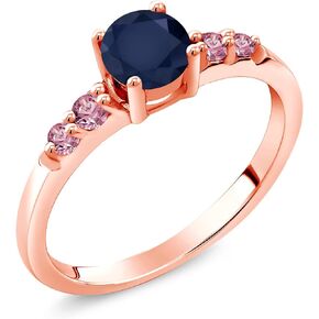 Gem Stone King 18K Rose Gold Plated Silver Blue Sapphire and Pink Lab Grown Diamond Engagement Ring For Women (0.75 Cttw, Round 5MM, Gemstone September Birthstone, Available in Size 5,6,7,8,9)