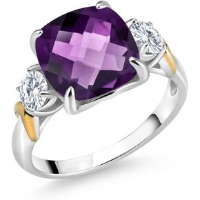 925 Silver and 10K Yellow Gold Purple Amethyst and Moissanite from Charles & Colvard 3 Stone Ring For Women (3.46 Cttw, Gemstone Birthstone, Cushion 10MM, Round 4MM, Available In Size 5, 6, 7, 8, 9)