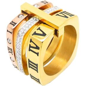 Women's Stainless Steel with Zirconia Roman Numerals 3 in 1 Ring