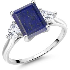 Gem Stone King 10K White Gold 3-Stone Ring Emerald Cut Blue Lapis and Moissanite (2.46 Cttw)