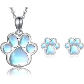 HUKKUN Paw Print Necklaces and Earrings Set Sterling Silver Moonstone Necklaces and Earrings for Women