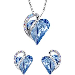 Leafael Infinity Love Heart Necklace and Stud Earrings for Women, March Birthstone Crystal Jewelry, Silver Tone Bundle Gifts for Women, Light Sapphire Blue