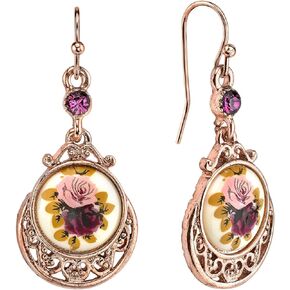 1928 Jewelry Women's Rose Gold Tone Manor House Purple & Pink Rose Flower Amethyst Crystal Drop & Dangle Earrings