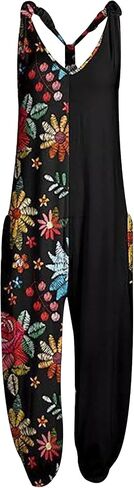 Gihuo Women’ s Summer Boho Cami Harem Jumpsuit Summer V Neck Jumper Harem Strap Rompers One Piece Overalls(Black-XL) in Saudi Arabia