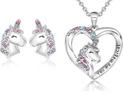 Shonyin Silver Unicorn Necklace/Hypoallergenic Earrings Christmas Birthday Party Jewelry Gift Set for Girls Women in Kuwait