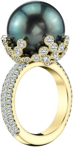18K Gold Plated Black Pearl Ring Inlaid White AAA Cubic Zircona Solitaire Ring Handpicked Freshwater Cultured Pearl Ring Anniversary Jewelry Gift for Women in Saudi Arabia