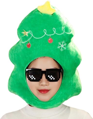 YIUELAGTENN Christmas Tree Plush Fabric Green Warm Hat Christmas Carnival Birthday Party Dressing Headwear Adult performance role-playing props(Without glasses) in Kuwait