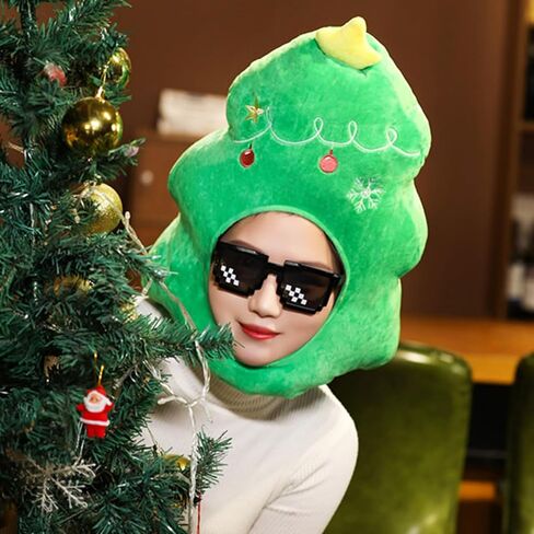 YIUELAGTENN Christmas Tree Plush Fabric Green Warm Hat Christmas Carnival Birthday Party Dressing Headwear Adult performance role-playing props(Without glasses) in Kuwait
