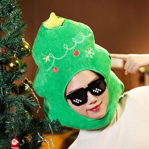 YIUELAGTENN Christmas Tree Plush Fabric Green Warm Hat Christmas Carnival Birthday Party Dressing Headwear Adult performance role-playing props(Without glasses) in Kuwait