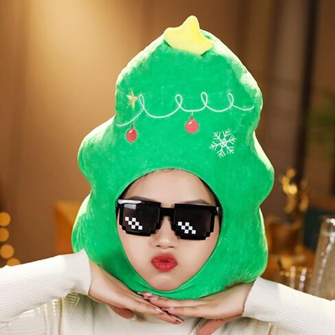 YIUELAGTENN Christmas Tree Plush Fabric Green Warm Hat Christmas Carnival Birthday Party Dressing Headwear Adult performance role-playing props(Without glasses) in Kuwait