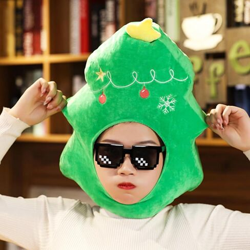 YIUELAGTENN Christmas Tree Plush Fabric Green Warm Hat Christmas Carnival Birthday Party Dressing Headwear Adult performance role-playing props(Without glasses) in Kuwait