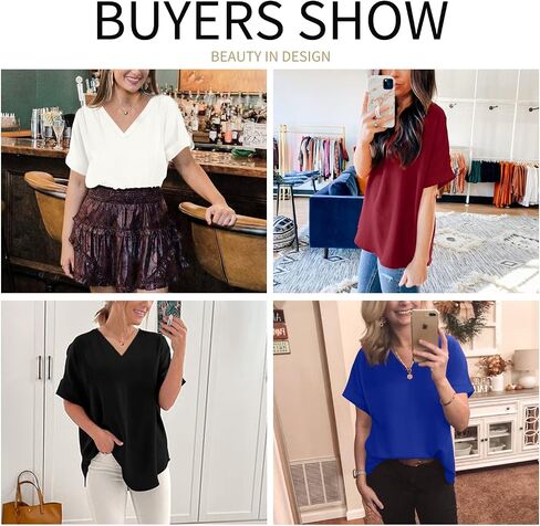 Davenil Women's V-Neck Shirts Loose Blouses Short Sleeve Casual Rolled Sleeve Tunic Tops in Saudi Arabia