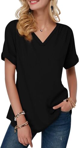 Davenil Women's V-Neck Shirts Loose Blouses Short Sleeve Casual Rolled Sleeve Tunic Tops in Saudi Arabia
