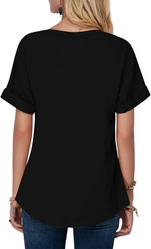 Davenil Women's V-Neck Shirts Loose Blouses Short Sleeve Casual Rolled Sleeve Tunic Tops in Saudi Arabia