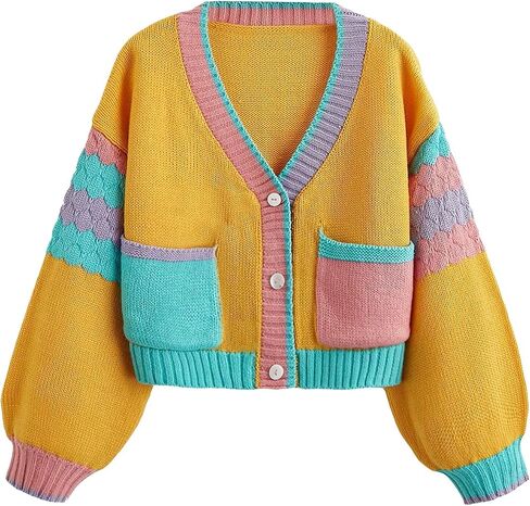 SweatyRocks Girl's Color Block Long Sleeve Button Up V Neck Drop Shoulder Cardigan Sweater with Pocket in Saudi Arabia