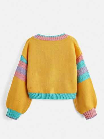 SweatyRocks Girl's Color Block Long Sleeve Button Up V Neck Drop Shoulder Cardigan Sweater with Pocket in Saudi Arabia