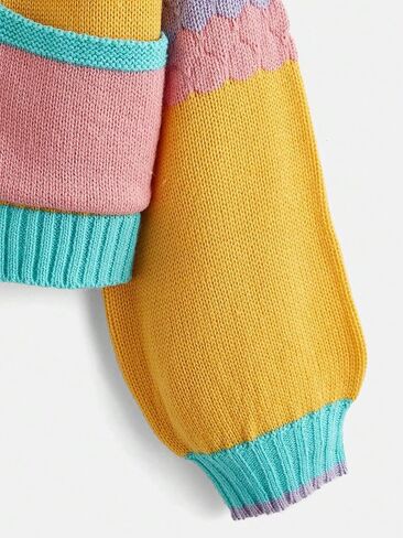 SweatyRocks Girl's Color Block Long Sleeve Button Up V Neck Drop Shoulder Cardigan Sweater with Pocket in Saudi Arabia
