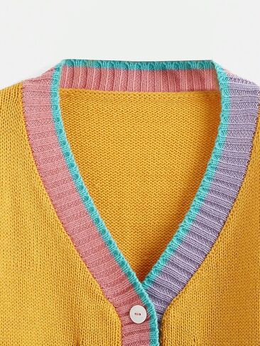 SweatyRocks Girl's Color Block Long Sleeve Button Up V Neck Drop Shoulder Cardigan Sweater with Pocket in Saudi Arabia