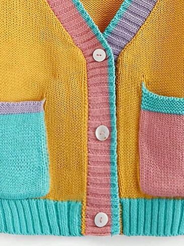 SweatyRocks Girl's Color Block Long Sleeve Button Up V Neck Drop Shoulder Cardigan Sweater with Pocket in Saudi Arabia