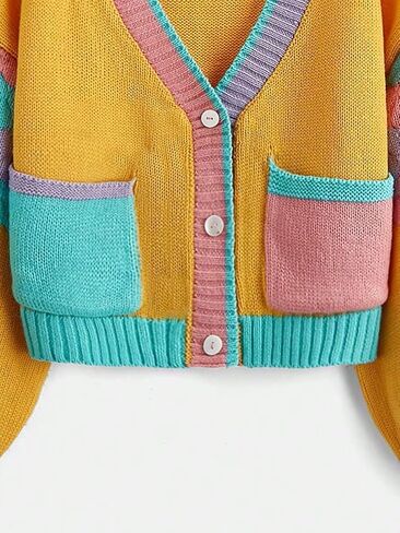 SweatyRocks Girl's Color Block Long Sleeve Button Up V Neck Drop Shoulder Cardigan Sweater with Pocket in Saudi Arabia